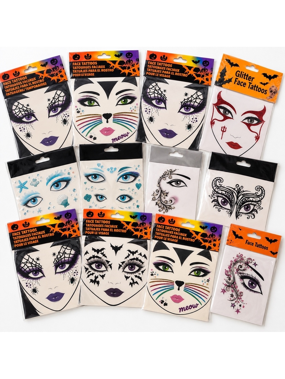 12 pcz Halloween Temporary Face Tattoo Sticker Set - Assorted Spooky Designs